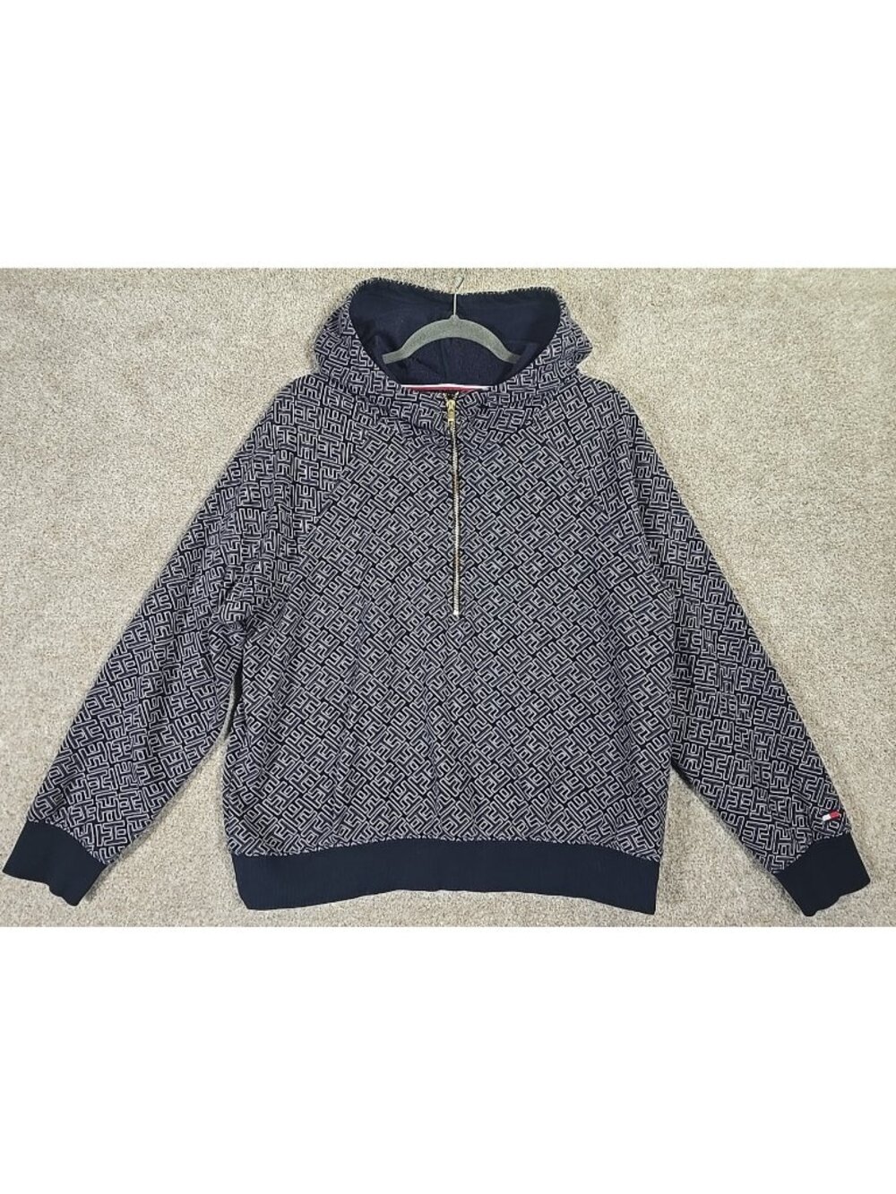 Tommy Hilfiger Half Zip Hoodie All Over Print Logo Preppy Sweatshirt Women's L